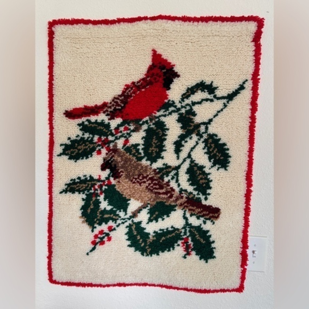 Vintage Cardinal Hollyberry‎ Latch Hook Wall Hanging Handmade Holiday